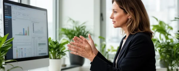 Responsable financière analysant un tableau de bord sur écran dans un bureau moderne