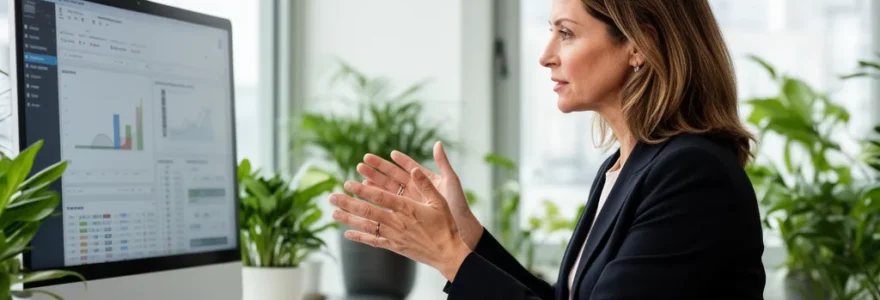 Responsable financière analysant un tableau de bord sur écran dans un bureau moderne