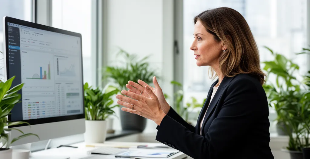 Responsable financière analysant un tableau de bord sur écran dans un bureau moderne
