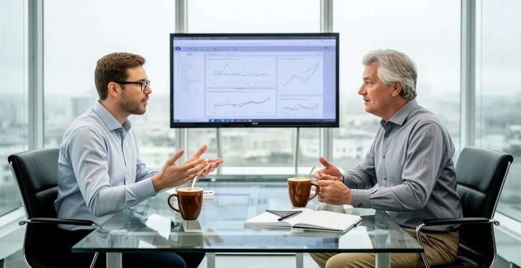 Deux collègues en discussion devant un écran dans une salle de réunion vitrée