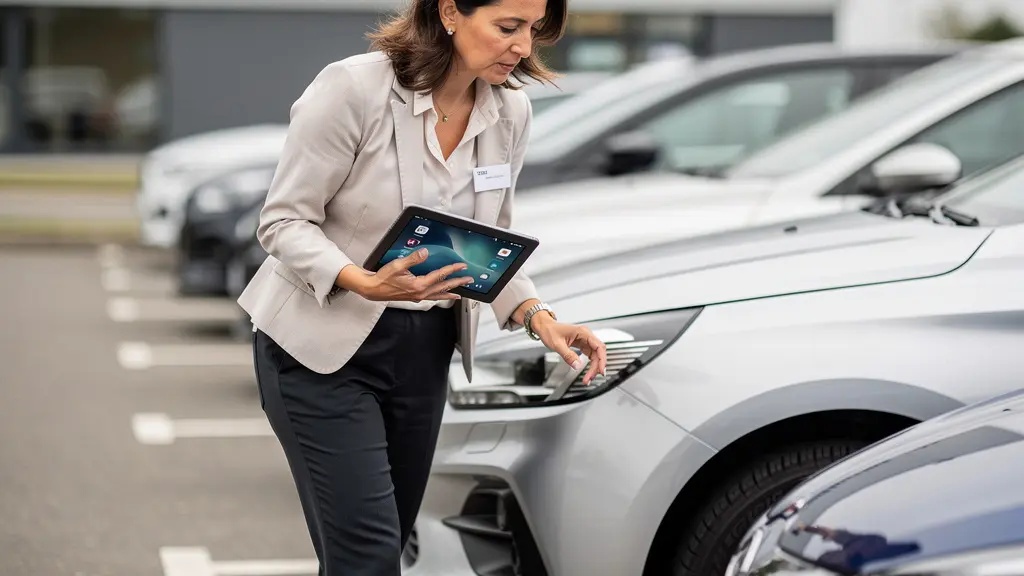 Employée effectuant un état des lieux numérique sur tablette devant véhicule de location