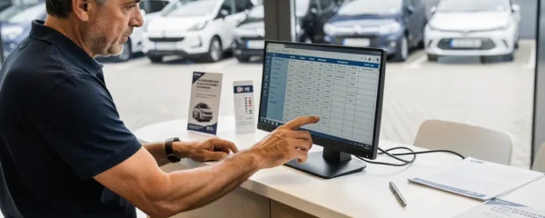 Gérant d'agence de location vérifiant un planning de véhicules sur écran