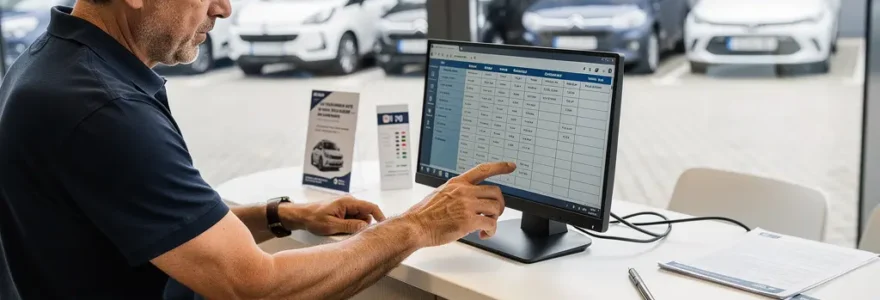 Gérant d'agence de location vérifiant un planning de véhicules sur écran