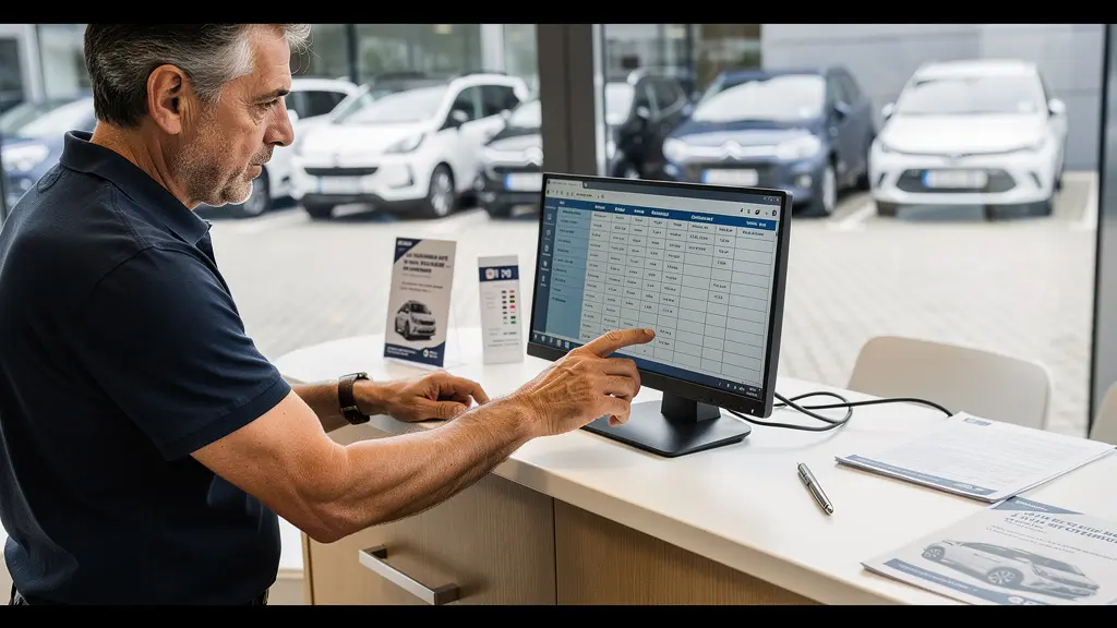 Gérant d'agence de location vérifiant un planning de véhicules sur écran