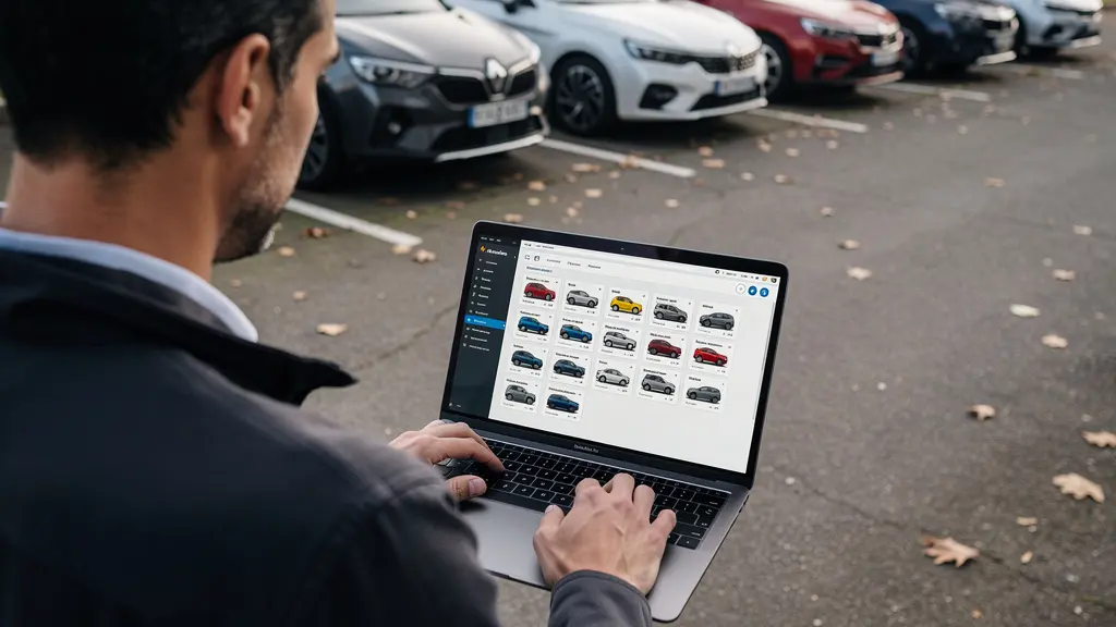 Gestionnaire de flotte consultant des données sur ordinateur portable devant parc de véhicules