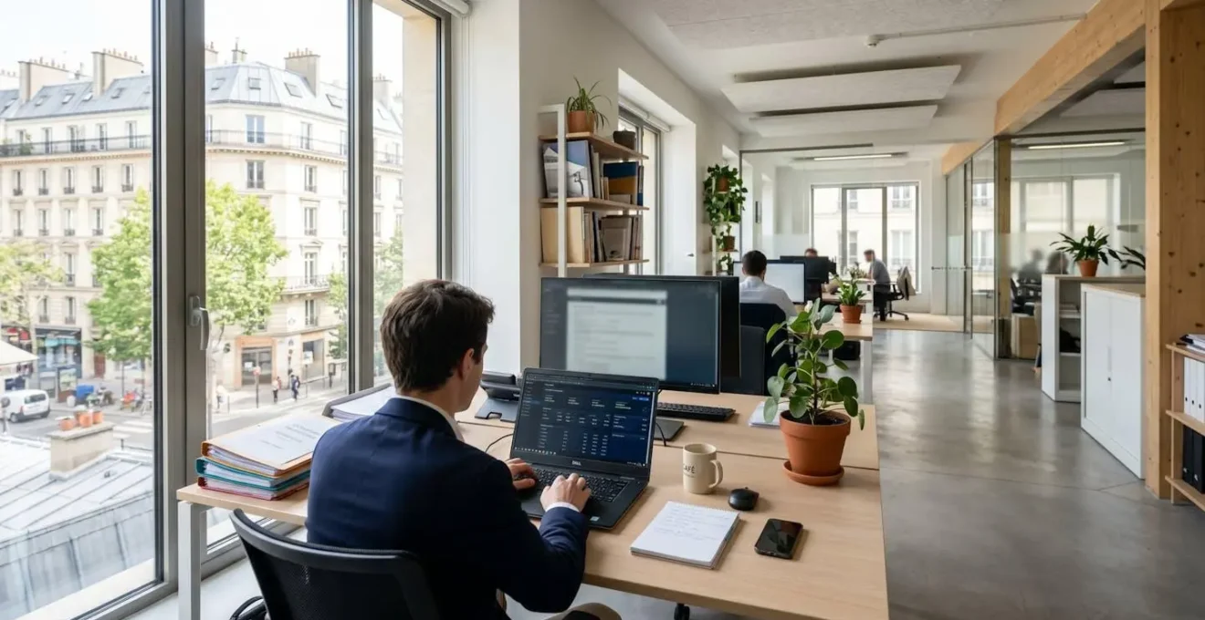 Bureau lumineux d'une PME française avec ordinateur affichant un tableau de bord de gestion, dossiers organisés et grande fenêtre laissant entrer la lumière naturelle