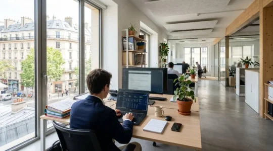 Bureau lumineux d'une PME française avec ordinateur affichant un tableau de bord de gestion, dossiers organisés et grande fenêtre laissant entrer la lumière naturelle