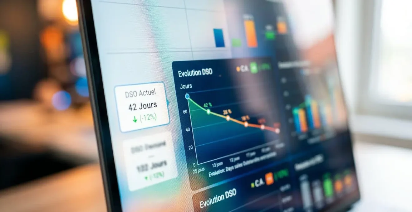 Gros plan détaillé sur un tableau de bord financier avec indicateurs de performance et courbes de tendance, profondeur de champ artistique créant un effet bokeh en arrière-plan