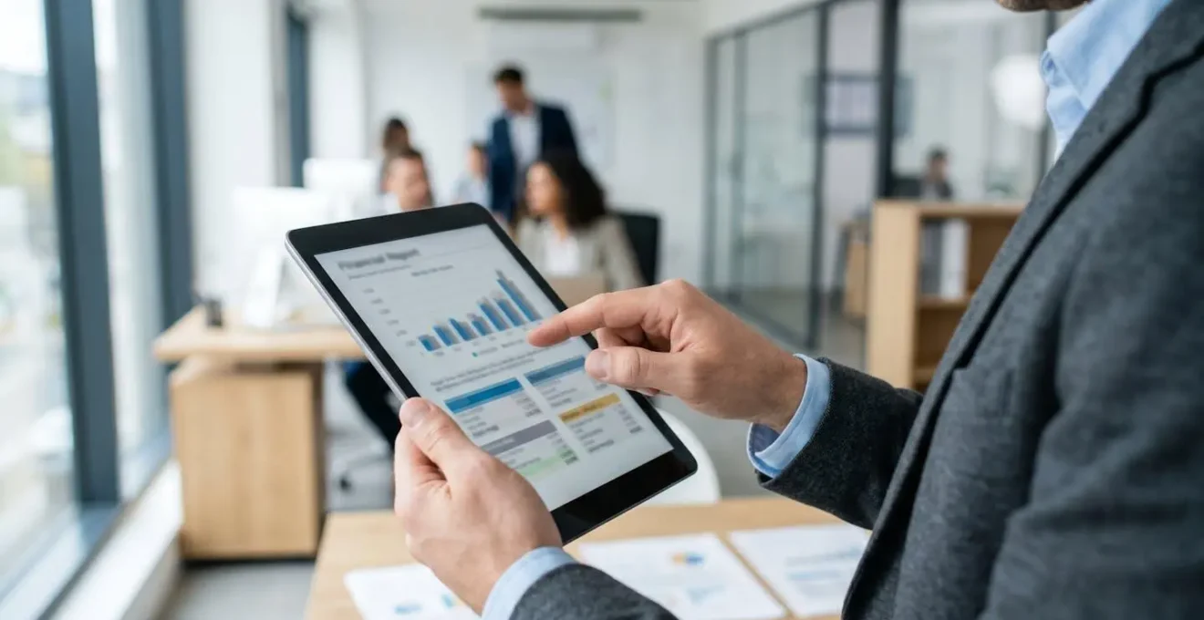 Main d'un professionnel consultant des données financières sur une tablette moderne dans un environnement de travail, vue de profil avec geste naturel de consultation