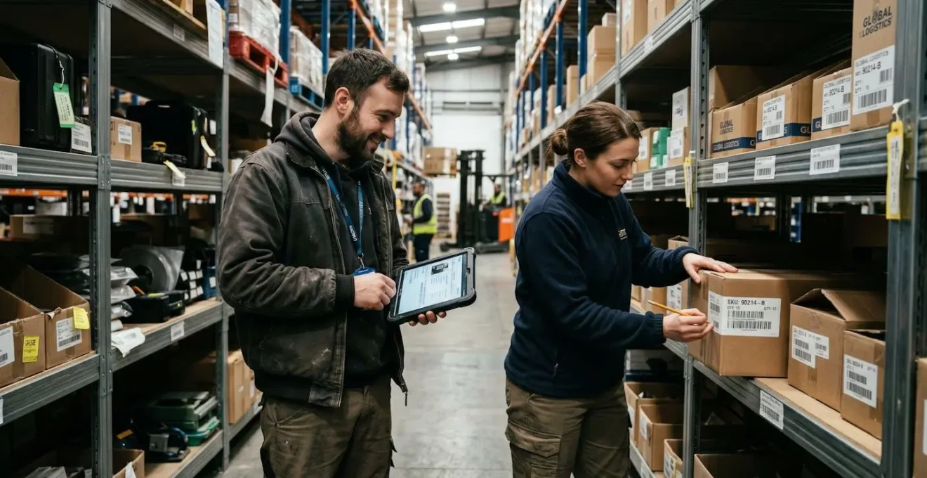 Équipe logistique vérifiant une fiche produit sur tablette dans un entrepôt de distribution, avec des rayonnages en arrière-plan