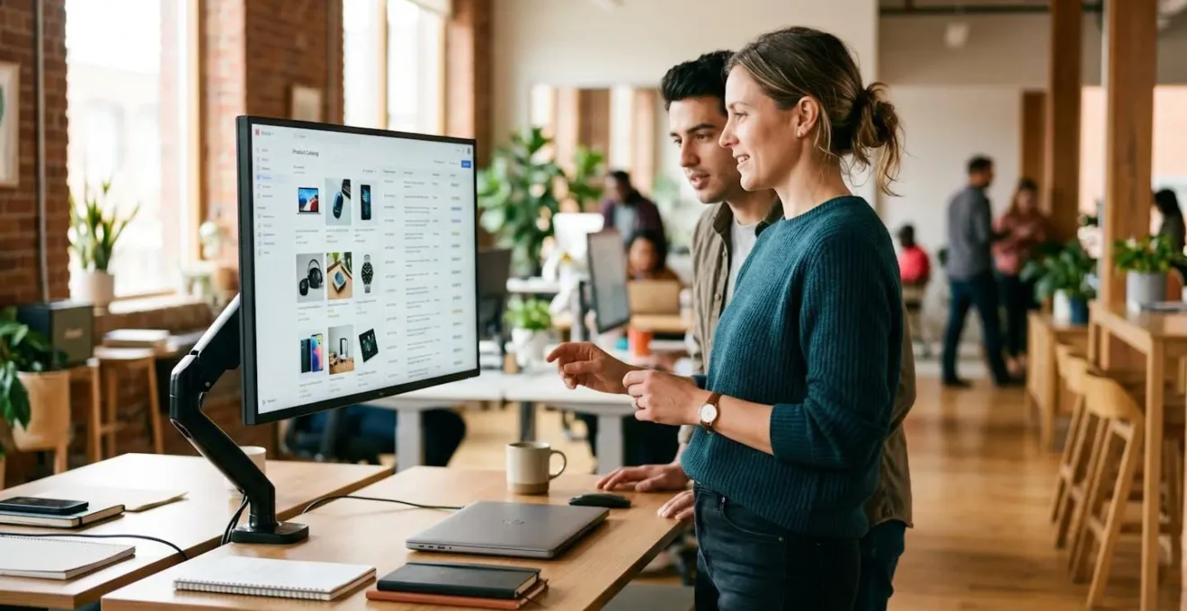 Responsable marketing digital consultant un catalogue produits numérique sur un grand écran dans un espace de travail moderne