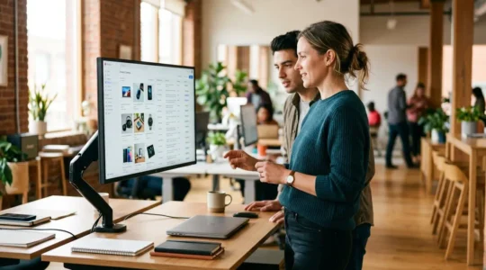 Responsable marketing digital consultant un catalogue produits numérique sur un grand écran dans un espace de travail moderne