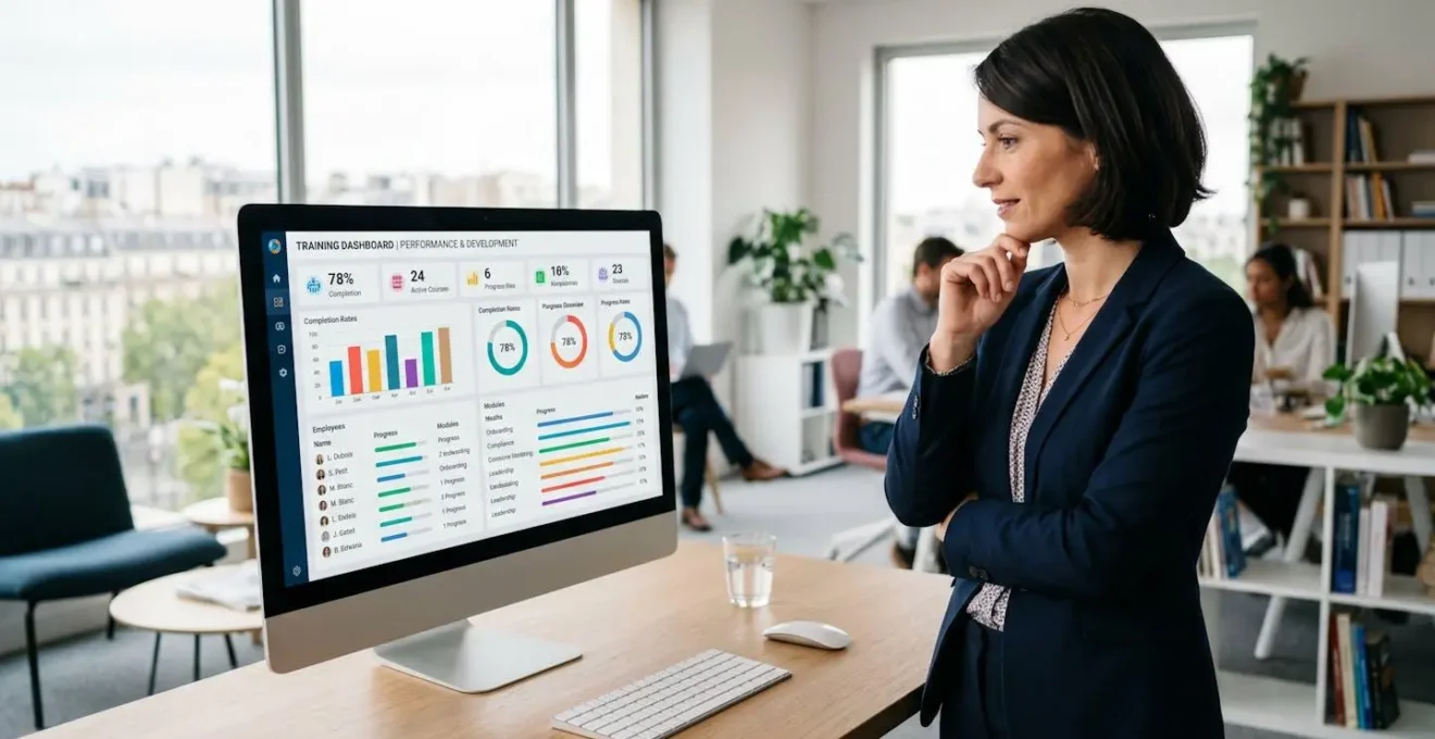 Responsable RH analysant un tableau de bord digital de gestion de formation dans un open space moderne